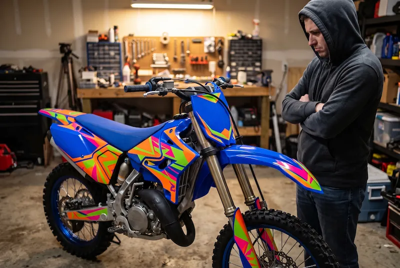 Rider with arms crossed frowning at his blue dirt bike, whose orange, lime and pink graphics clash with the blue plastics