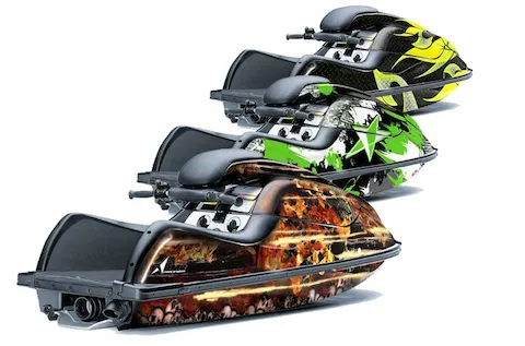 Kawasaki 800 SX-R stand-up jet skis shown in three custom graphic kit looks